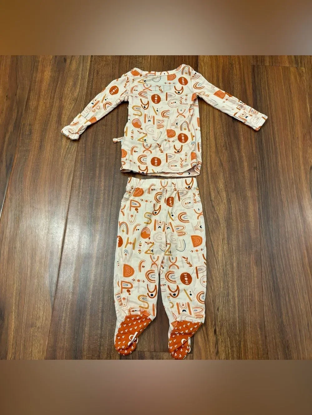 Posh Peanut Alphabet Medley Orange kimono top and footed bottoms